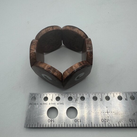 Stretch Bracelet Brown White Geometric Acrylic Panels Unique Ethnic Accents - Picture 4 of 4